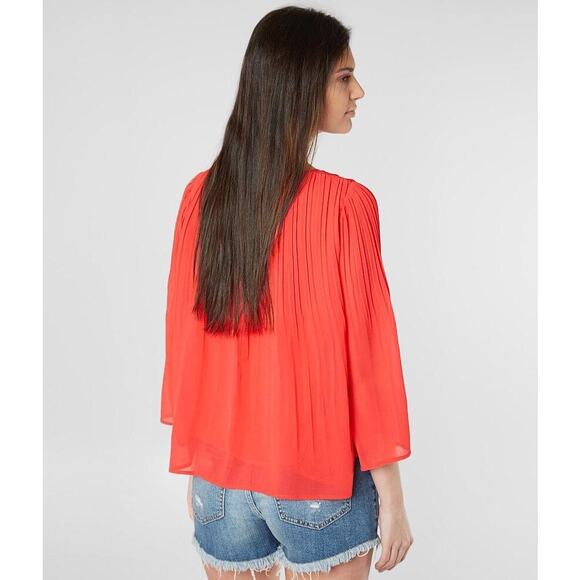 Miss Me Red Pleated Tassel Tie Blouse Size M Boho Festival Top Flowy Sheer - Picture 2 of 11